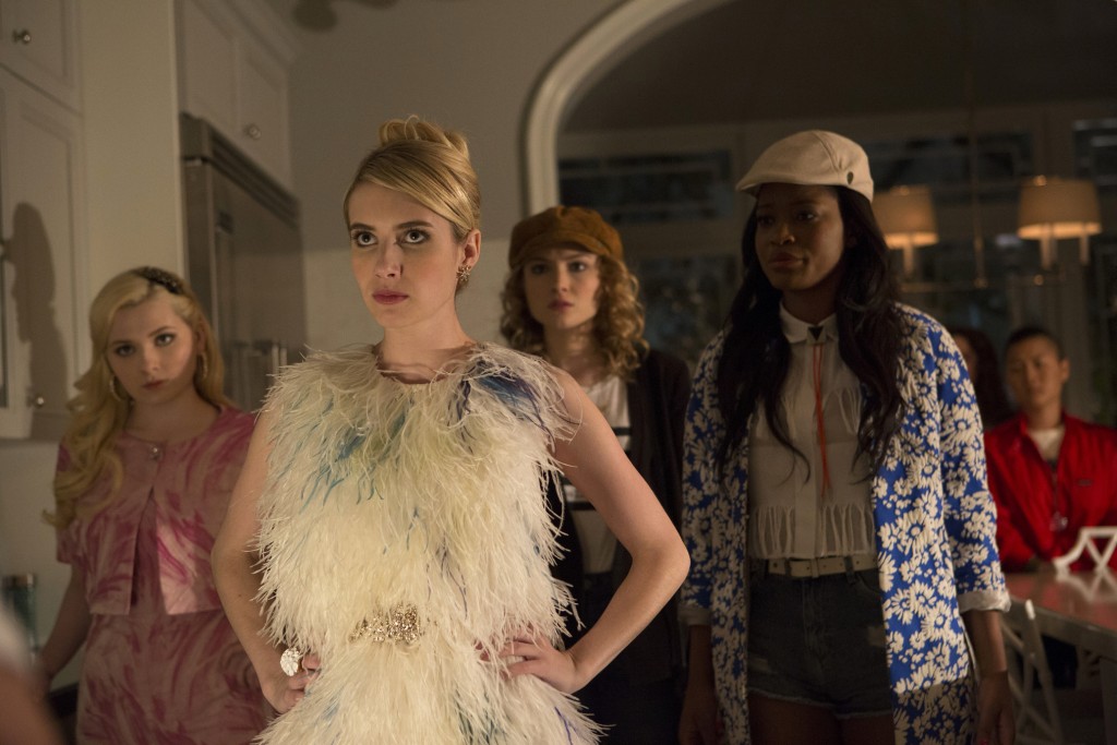 SCREAM QUEENS: Pictured L-R: Abigail Breslin as Chanel #5, Emma Roberts as Chanel Oberlin, Skyler Samuels as Grace, Keke Palmer as Zayday and Jeanna Han as Sam in "Pilot,"  ©2015 Fox Broadcasting Co. Cr: Steve Dietl/FOX.