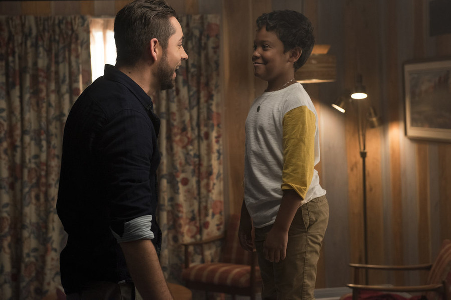 HEROES REBORN -- "June 13th - Part One" Episode 107 -- Pictured: (l-r) Zachary Levi as Luke Collins, Richie Lawrence as Dennis Collins -- (Photo by: Christos Kalohoridis/NBC)